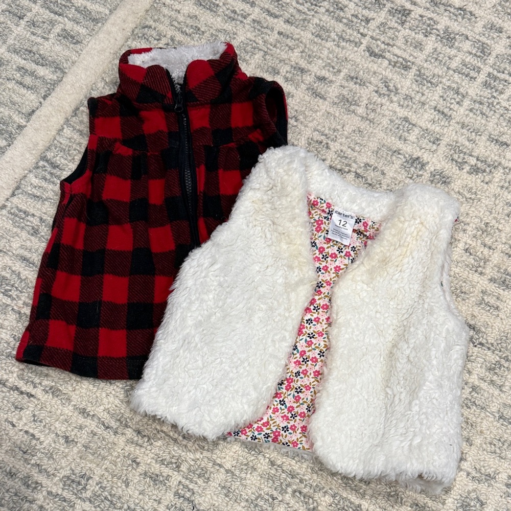 Carter's Red Plaid and White Fleece Kids Vests